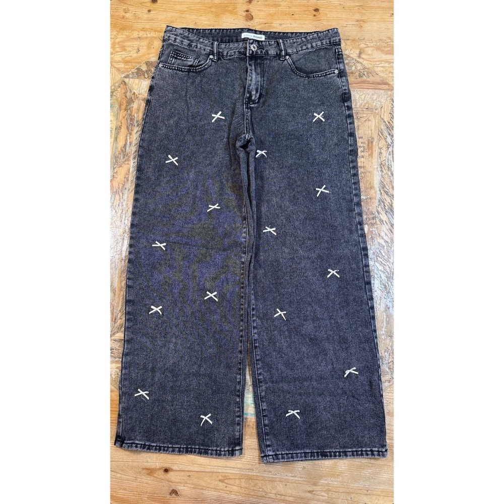Love Soho Black Acid Washed Wide Leg Jeans with bows Juniors size 13 coquette